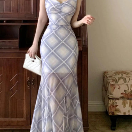 Trendy Plaid Ruffle Cap Sleeve Bodycon Maxi Dress