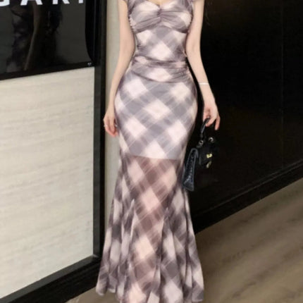 Trendy Plaid Ruffle Cap Sleeve Bodycon Maxi Dress