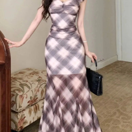 Trendy Plaid Ruffle Cap Sleeve Bodycon Maxi Dress
