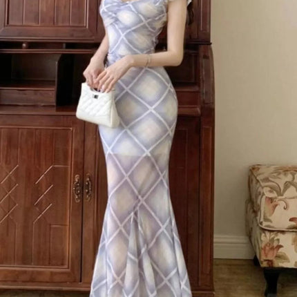 Trendy Plaid Ruffle Cap Sleeve Bodycon Maxi Dress