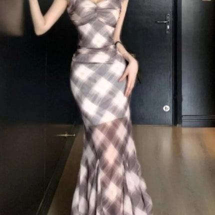 Trendy Plaid Ruffle Cap Sleeve Bodycon Maxi Dress