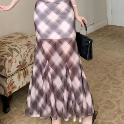 Trendy Plaid Ruffle Cap Sleeve Bodycon Maxi Dress
