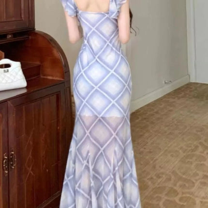 Trendy Plaid Ruffle Cap Sleeve Bodycon Maxi Dress