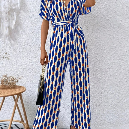 Stylish Printed Surplice Tie Waist Short Sleeve Jumpsuit