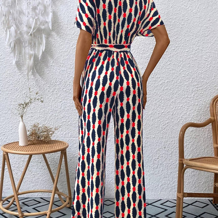 Stylish Printed Surplice Tie Waist Short Sleeve Jumpsuit