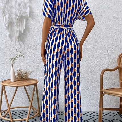 Stylish Printed Surplice Tie Waist Short Sleeve Jumpsuit