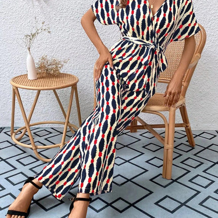 Stylish Printed Surplice Tie Waist Short Sleeve Jumpsuit