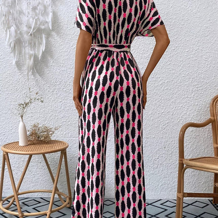 Stylish Printed Surplice Tie Waist Short Sleeve Jumpsuit