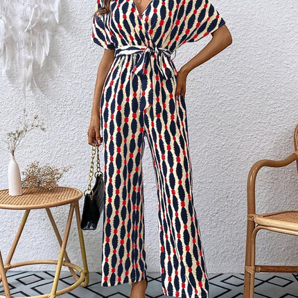 Stylish Printed Surplice Tie Waist Short Sleeve Jumpsuit