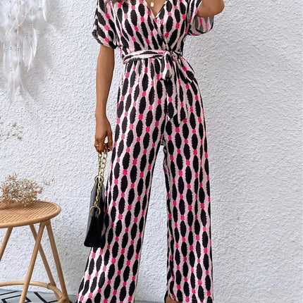 Stylish Printed Surplice Tie Waist Short Sleeve Jumpsuit