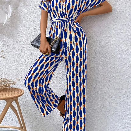Stylish Printed Surplice Tie Waist Short Sleeve Jumpsuit
