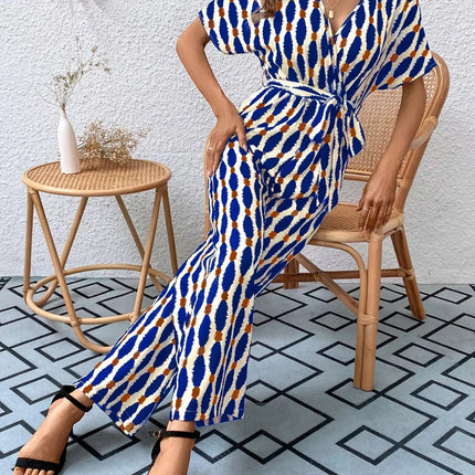 Stylish Printed Surplice Tie Waist Short Sleeve Jumpsuit