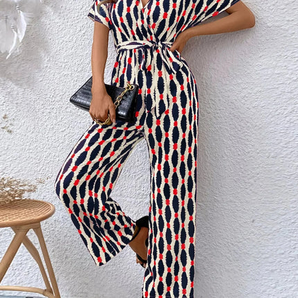 Stylish Printed Surplice Tie Waist Short Sleeve Jumpsuit