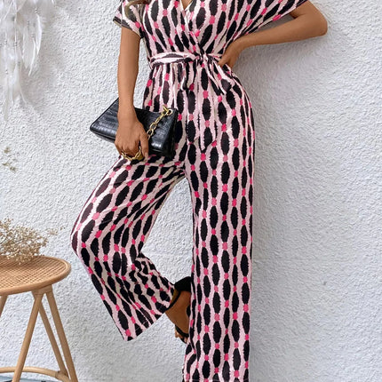 Stylish Printed Surplice Tie Waist Short Sleeve Jumpsuit