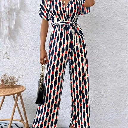 Stylish Printed Surplice Tie Waist Short Sleeve Jumpsuit
