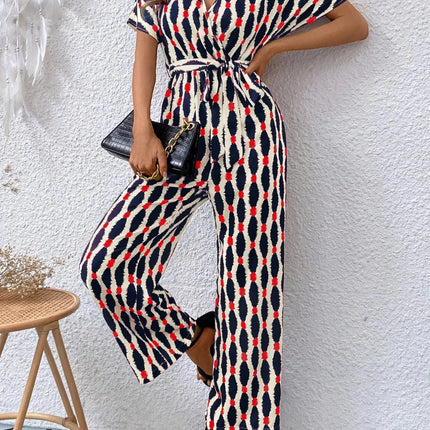 Stylish Printed Surplice Tie Waist Short Sleeve Jumpsuit