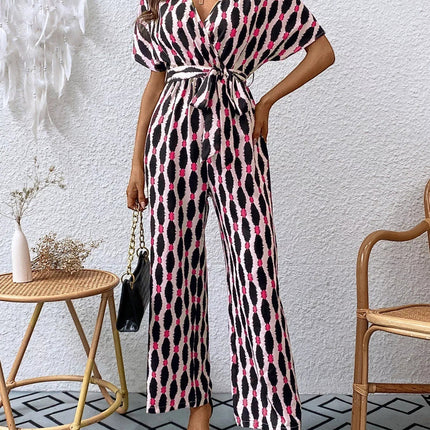Stylish Printed Surplice Tie Waist Short Sleeve Jumpsuit