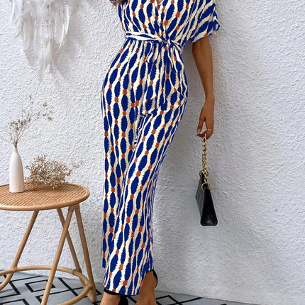 Stylish Printed Surplice Tie Waist Short Sleeve Jumpsuit