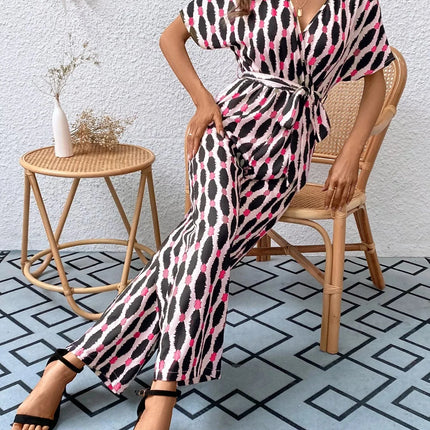 Stylish Printed Surplice Tie Waist Short Sleeve Jumpsuit