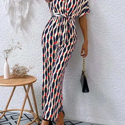 Stylish Printed Surplice Tie Waist Short Sleeve Jumpsuit