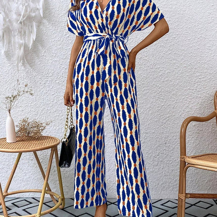 Stylish Printed Surplice Tie Waist Short Sleeve Jumpsuit