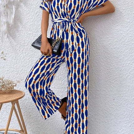 Stylish Printed Surplice Tie Waist Short Sleeve Jumpsuit