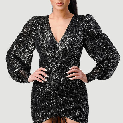 CHIC SEQUIN FRONT DRAWSTRING BISHOP LONG SLEEVE MINI DRESS