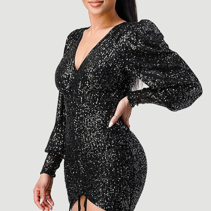 CHIC SEQUIN FRONT DRAWSTRING BISHOP LONG SLEEVE MINI DRESS