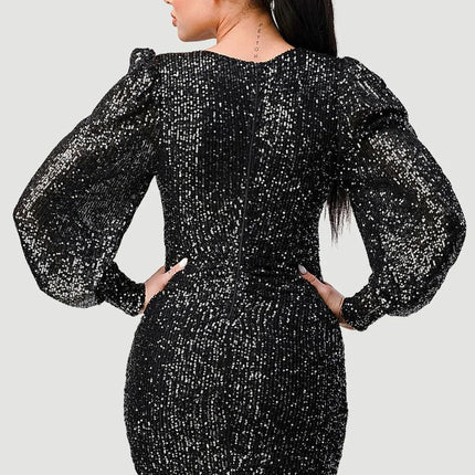 CHIC SEQUIN FRONT DRAWSTRING BISHOP LONG SLEEVE MINI DRESS
