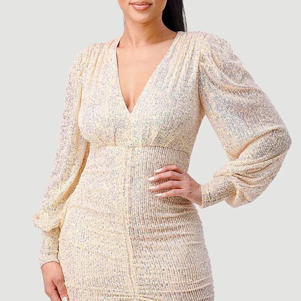 CHIC SEQUIN FRONT DRAWSTRING BISHOP LONG SLEEVE MINI DRESS