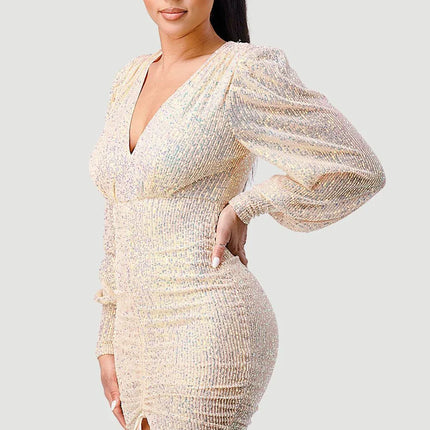 CHIC SEQUIN FRONT DRAWSTRING BISHOP LONG SLEEVE MINI DRESS