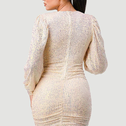 CHIC SEQUIN FRONT DRAWSTRING BISHOP LONG SLEEVE MINI DRESS