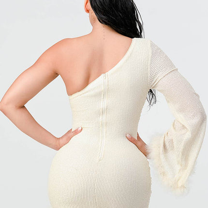 LUX FUR TRIM SEQUINS KIMONO SLEEVES ONE SHOULDER BODYCON MINI DRESS