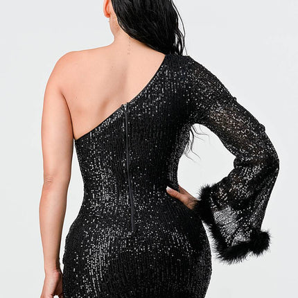 LUX FUR TRIM SEQUINS KIMONO SLEEVES ONE SHOULDER BODYCON MINI DRESS