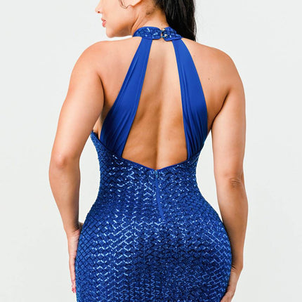 LUX SEQUINS HALTER OPEN BACK SLEEVELESS BODYCON MINI DRESS