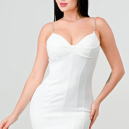 LUX TECHNO EMBELLISHED STRAP BODYCON MINI DRESS