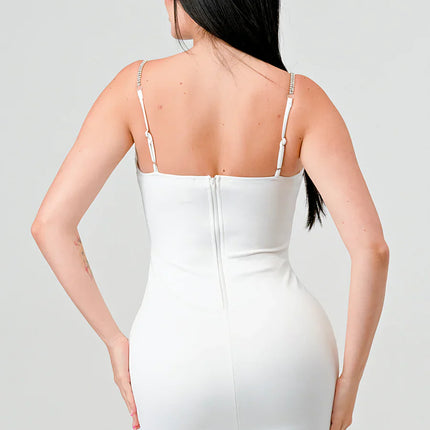 LUX TECHNO EMBELLISHED STRAP BODYCON MINI DRESS
