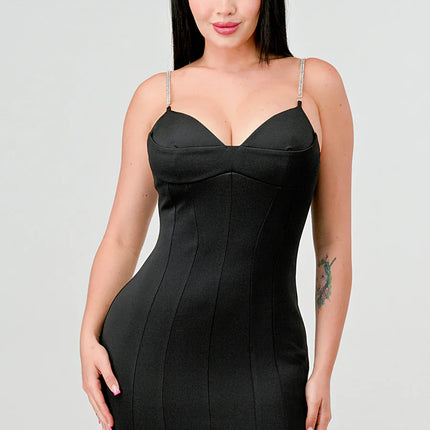 LUX TECHNO EMBELLISHED STRAP BODYCON MINI DRESS