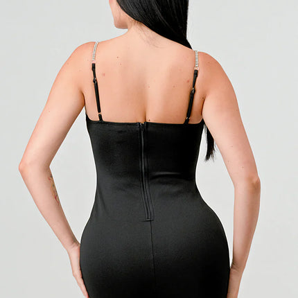 LUX TECHNO EMBELLISHED STRAP BODYCON MINI DRESS