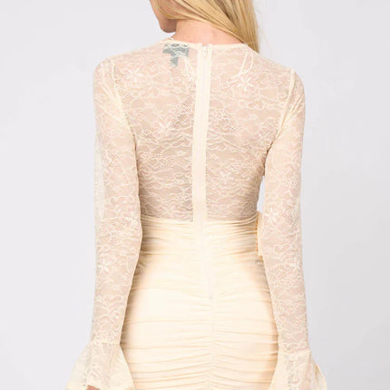LUXE LACE V-NECK MESH SIDE DRAPED MINI DRESS