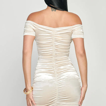 Shiny Velvet Off-Shoulder Ruched Mini Dress