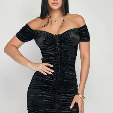 Shiny Velvet Off-Shoulder Ruched Mini Dress