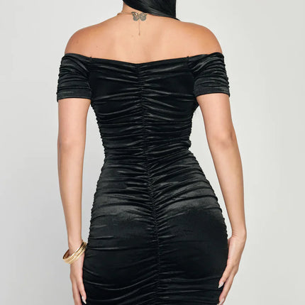 Shiny Velvet Off-Shoulder Ruched Mini Dress