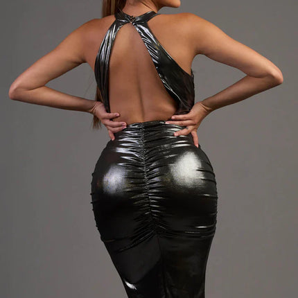 CHIC METALLIC SHINY SLINKY HALTER SLIT MIDI DRESS