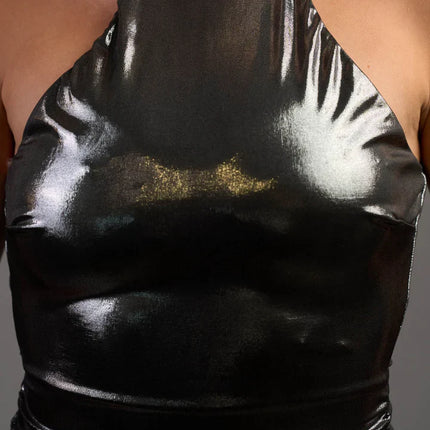 CHIC METALLIC SHINY SLINKY HALTER SLIT MIDI DRESS