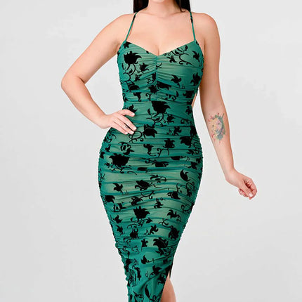 CLASSY MESH VELVET FLOCKING SIDE SLIT DRAWSTRING BACK BODYCON MIDI DRESS
