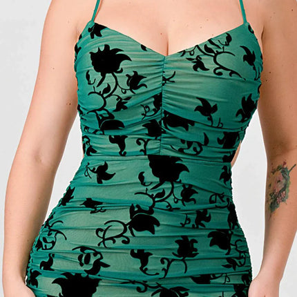 CLASSY MESH VELVET FLOCKING SIDE SLIT DRAWSTRING BACK BODYCON MIDI DRESS