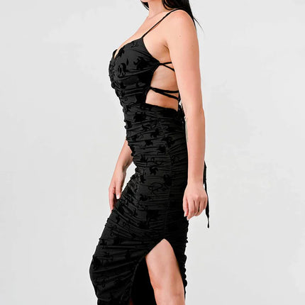 CLASSY MESH VELVET FLOCKING SIDE SLIT DRAWSTRING BACK BODYCON MIDI DRESS