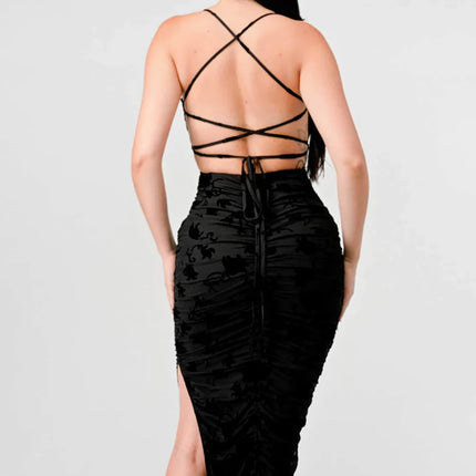 CLASSY MESH VELVET FLOCKING SIDE SLIT DRAWSTRING BACK BODYCON MIDI DRESS