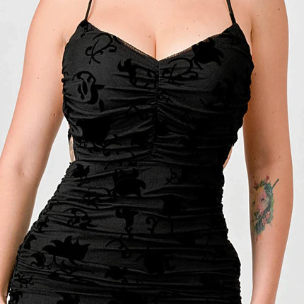 CLASSY MESH VELVET FLOCKING SIDE SLIT DRAWSTRING BACK BODYCON MIDI DRESS